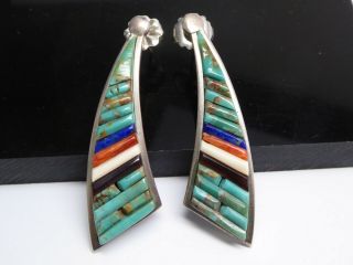 Vintage Pete Sierra Navajo Sterling Silver Turquoise Coral Shell Mosaic Earrings