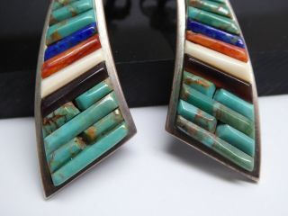Vintage Pete Sierra Navajo Sterling Silver Turquoise Coral Shell Mosaic Earrings 3