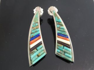 Vintage Pete Sierra Navajo Sterling Silver Turquoise Coral Shell Mosaic Earrings 6