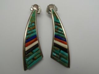 Vintage Pete Sierra Navajo Sterling Silver Turquoise Coral Shell Mosaic Earrings 7