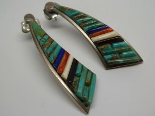 Vintage Pete Sierra Navajo Sterling Silver Turquoise Coral Shell Mosaic Earrings 8