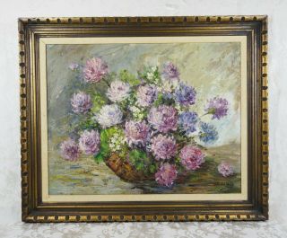 Vintage Mid Century Floral Oil Painting Of Flowers In A Basket Signed