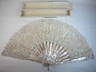 Antique Victorian Mother Of Pearl & Bone Chantilly Lace Hand Fan W Box