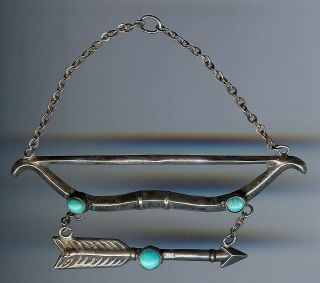 Vintage Navajo Indian Silver & Turquoise Bow And Arrow Dangle Pendant