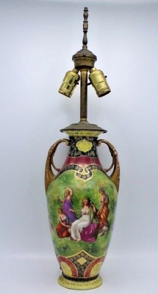 Vintage Hand Painted Porcelain Green Lamp / Vase W/ Victorian Romantic W/ Handle