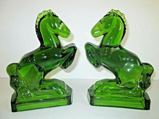 L E Smith Green Glass Horse Bookends Rearing Stallion Mid Century Vintage