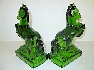 L E SMITH GREEN GLASS HORSE BOOKENDS REARING STALLION MID CENTURY VINTAGE 2