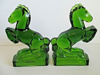 L E SMITH GREEN GLASS HORSE BOOKENDS REARING STALLION MID CENTURY VINTAGE 3