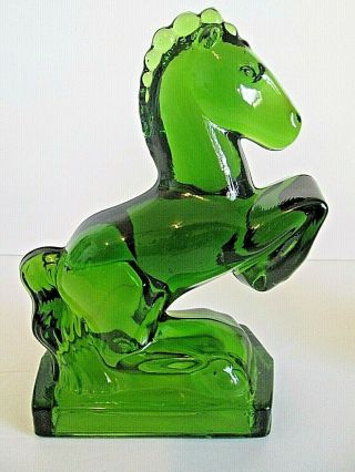 L E SMITH GREEN GLASS HORSE BOOKENDS REARING STALLION MID CENTURY VINTAGE 7