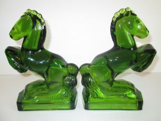 L E SMITH GREEN GLASS HORSE BOOKENDS REARING STALLION MID CENTURY VINTAGE 8