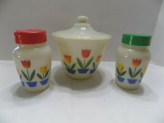 Vintage Fire King Tulip Range Set Salt & Pepper Shakers Grease Jar Bowl W/lids