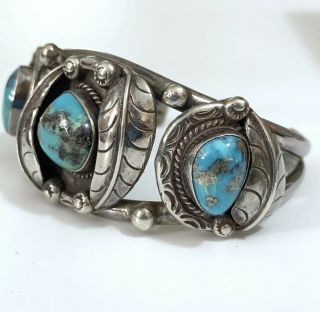 Vtg Navajo Sterling Silver Blue Morenci Turquoise Cuff Bracelet Fine Quality