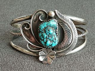 Vtg Navajo Blue Turquoise & Sterling Silver Cuff Bracelet Feather Wire Details