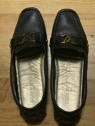 Vintage Louis Vuitton Women’s Black Leather Logo Loafers Size 37