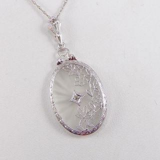 Vintage 14k White Gold Diamond Filigree Camphor Glass Pendant Necklace 18 " Ldi4