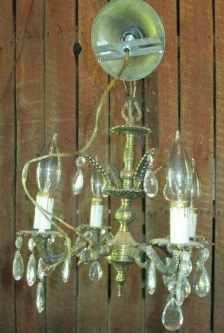 Vintage Petite Brass Crystal Prisms 4 Arm Chandelier Hanging Light