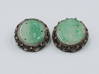 Vintage Chinese Export Silver Filigree Green Jade Clip Earrings 13 Grams