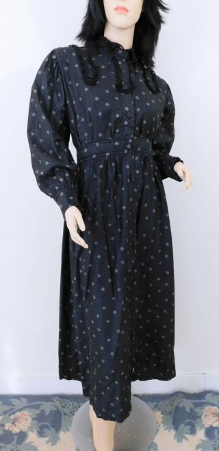 Vintage Antique Victorian C.  1900 Black Printed Cotton Lace Trim Dress Exc Cond M