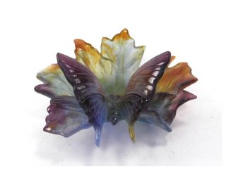 Vintage Daum pate de verre glass trinket dish butterfly on a leaf 5