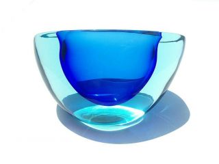 Vintage Cenedese Glass Vase Geode Bowl Sommerso Aqua & Cobalt Blue Murano Italy 2