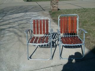 Pair Vintage Aluminum Folding Lawn Chair Redwood Slat Wood Mid Century Patio