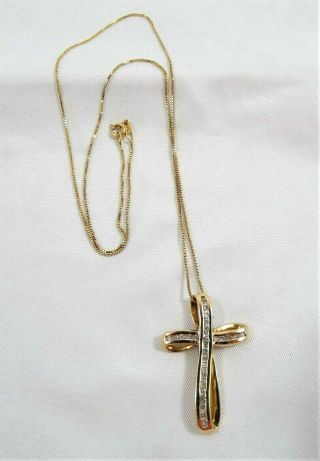 Vintage Solid 10k Yellow Gold Diamonds Cross Pendant With Chain Necklace