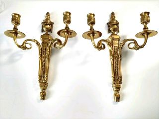 Vintage Solid Brass Wall Sconce Ornate Double Arm Candle Holders Set Of 2