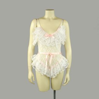 Vintage 80s Sheer Floral Lace Sissy Ruffle Baby Doll Wedding Teddie Bodysuit M