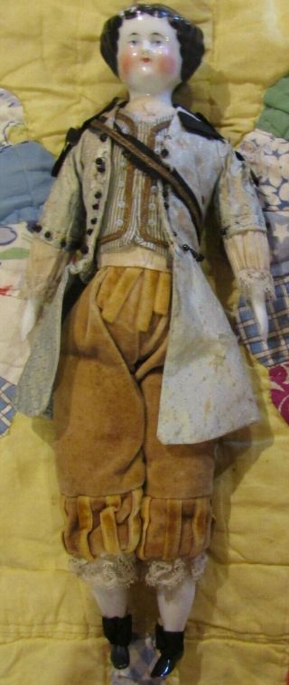 11 " Rare C1860 Flat Top China Head Doll W/orig Body & Great Outfit