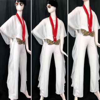 4 Pc Womens Elvis Costume Vtg 70s White Jumpsuit Pantsuit Belt Scarf Sunglasses