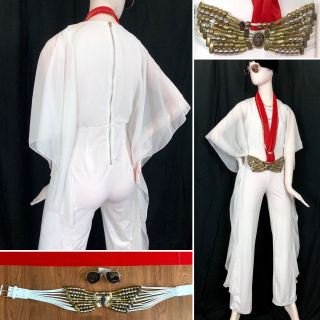 4 PC Womens ELVIS Costume VTG 70s White Jumpsuit Pantsuit Belt Scarf Sunglasses 2