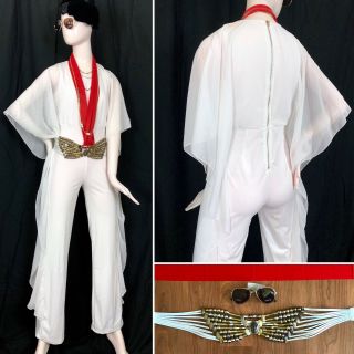4 PC Womens ELVIS Costume VTG 70s White Jumpsuit Pantsuit Belt Scarf Sunglasses 4