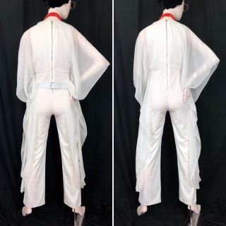 4 PC Womens ELVIS Costume VTG 70s White Jumpsuit Pantsuit Belt Scarf Sunglasses 5