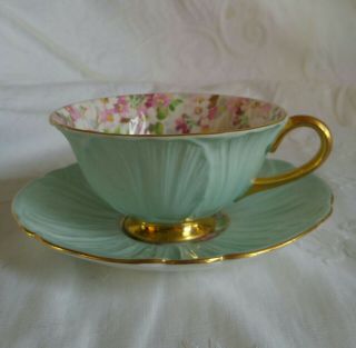 Vintage Shelley Oleander Maytime Cup And Saucer Teacup Chintz Green Blue Gold