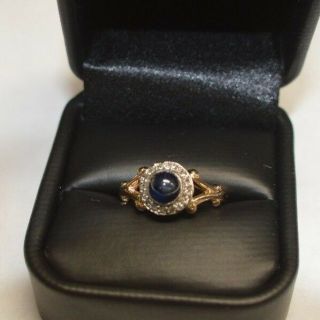 VINTAGE 14 KT YELLOW GOLD 1.  25 CTS CABOCHON SAPPHIRE &.  24 CTS DIAMOND RING SZ 8 2