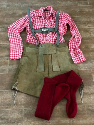Small Vintage Men Lederhosen Leather Breeches German Dirndl Outfit Shirt 39