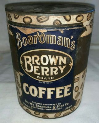 ANTIQUE BOARDMAN ' S BROWN BERRY COFFEE TIN VINTAGE HARTFORD CT CAN GROCERY STORE 3