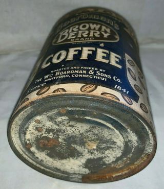 ANTIQUE BOARDMAN ' S BROWN BERRY COFFEE TIN VINTAGE HARTFORD CT CAN GROCERY STORE 6
