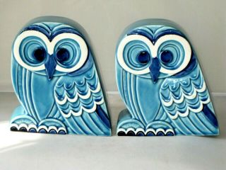 Great 2 Vintage Mid Century Modern Blue Navy White Ceramic Bird Owl Bookends