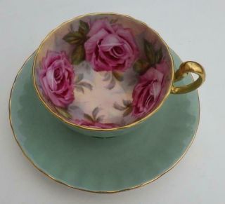 Vintage Aynsley Large Pink Cabbage Roses Teacup &saucer Sea Green 1031