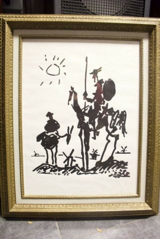 Framed Vintage Framed Re Print Don Quixote By Pablo Picasso 24 " X 18 B&w Sketch