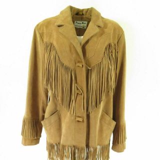 Vintage 80s Western Pioneer Wear Suede Leather Jacket Womens Xl Brown Fringes