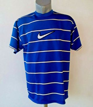 Vintage Nike T - Shirt Striped Blue Retro Size M Rare Crew Neck