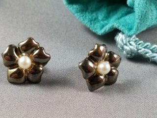 Vtg Tiffany & Co Sterling Silver Flower Pearl Earrings Studs