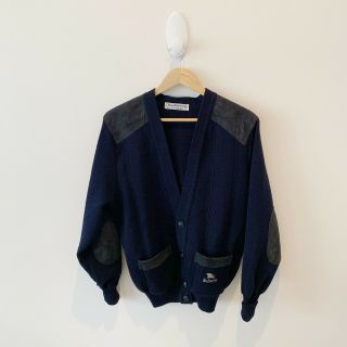 Burberry Vintage 90s Blue Wool Button Front Elbow Patch Cardigan {size S}