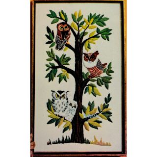 Owls In A Tree Vintage Crewel Embroidery Kit Erica Wilson Mid Century Panel