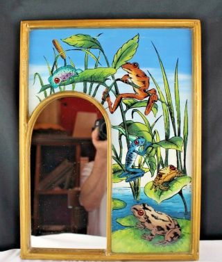 Vintage Mid Century Reverse Painted Glass Exotic Tropical Frogs W/arched Mirror
