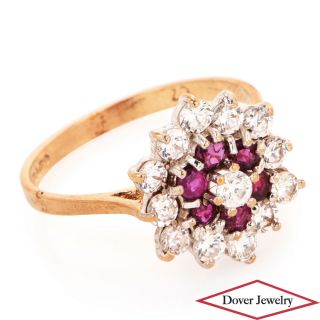 Vintage Ruby Cubic 9k Yellow Gold Cluster Floral Ring Nr