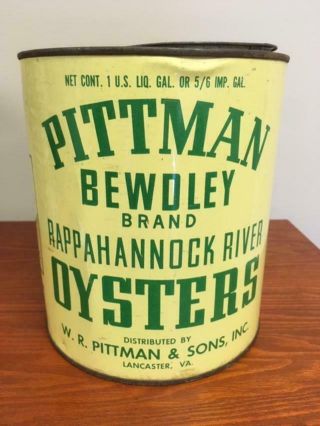 Vintage Pittman Bewdley Rappahannock River Oyster Gallon Tin Can Lancaster VA 10 2