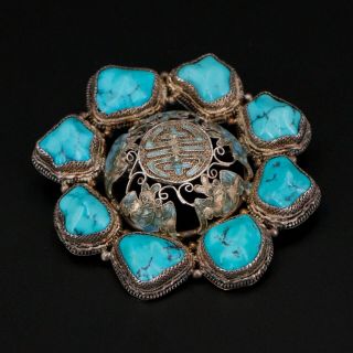 Vtg Sterling Silver - Antique Chinese Export Filigree Turquoise Brooch Pin - 31g